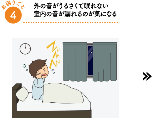 外の音がうるさくて眠れない室内の音が漏れるのが気になる
        