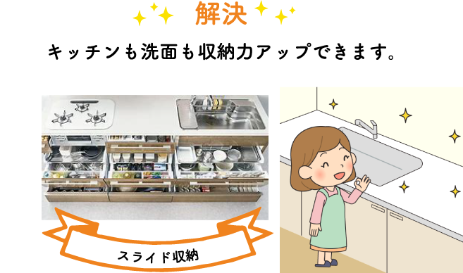 キッチンも洗面も収納力アップできます。